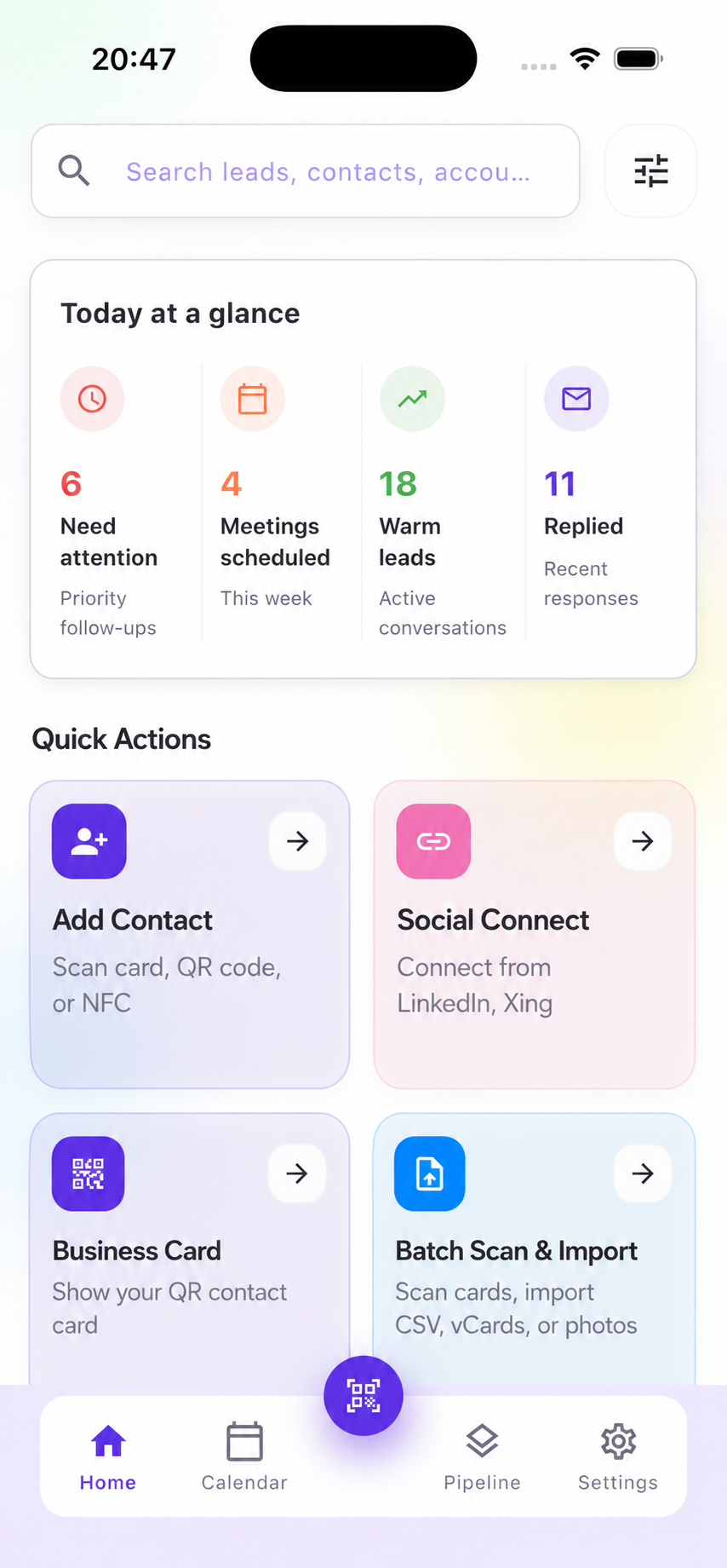 SalesCard home dashboard showing quick actions and daily sales metrics
